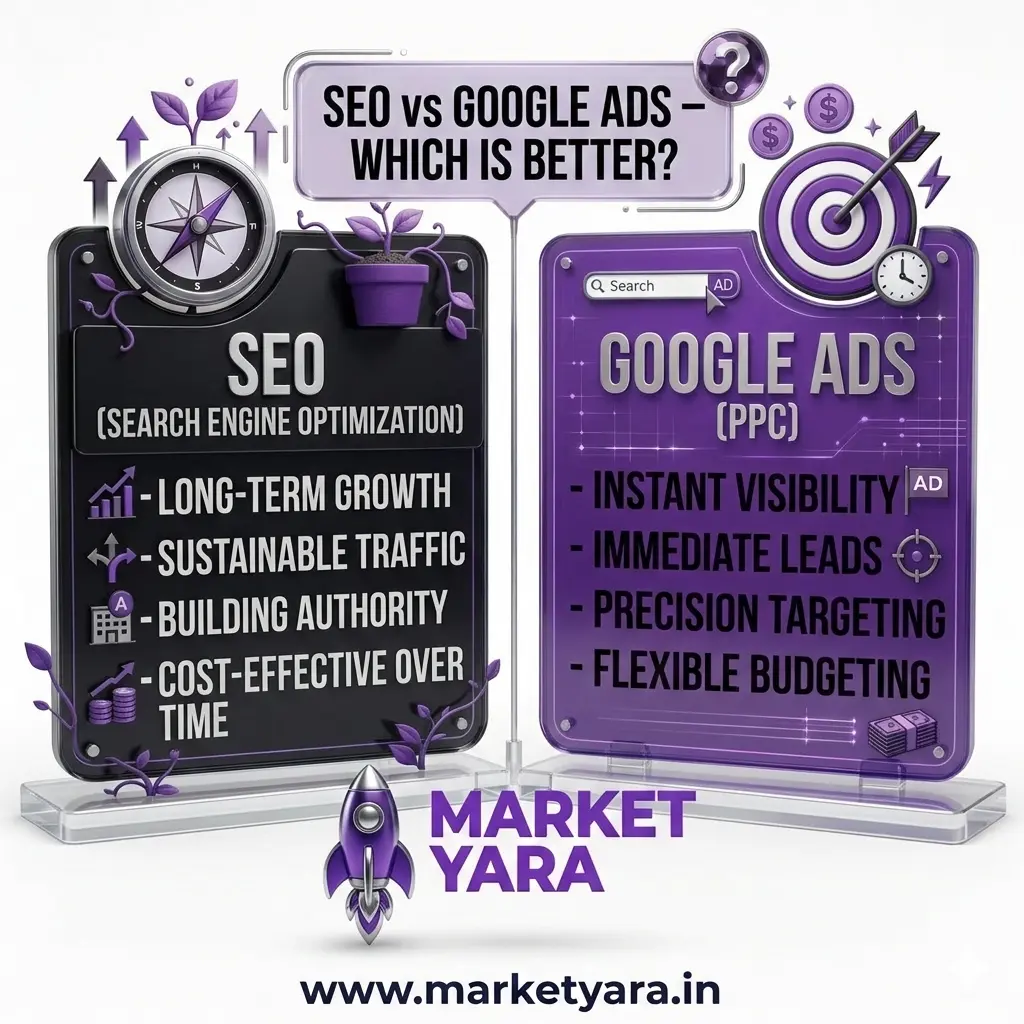SEO vs Google Ads comparison for digital marketing strategy
MarketYara Digital Marketing Agency 